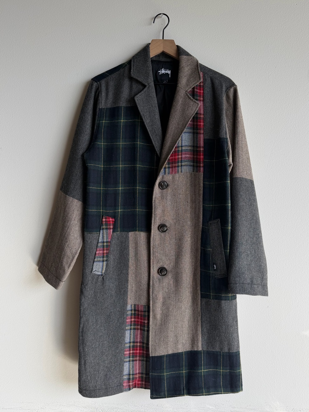 Stussy Patchwork Wool Blend Coat Grey Multi Plaid Herringbone 115416 Mens Small